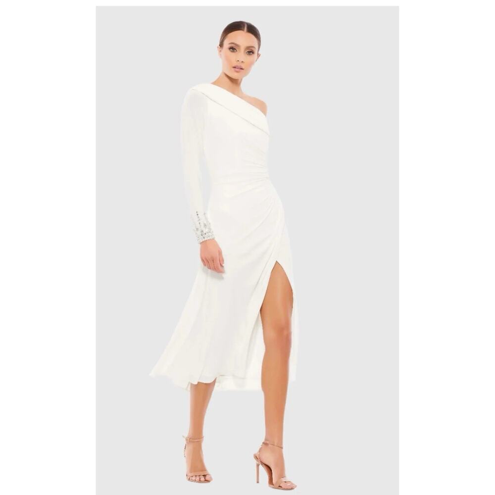 Mac Duggal White One-Shoulder Midi‎ Dress Jeweled Cuffs Slit Size 2 NWT